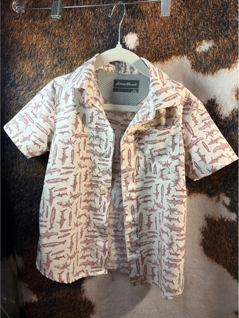 Eddie Bauer Boys' Short Sleeve Button-Up Shirt with Shark Print Size 4